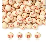 Stiesy 80Pcs 4 Styles Wood Printed Circle Beads, Round with Word Hope Joy Peace 15.5mm Spacer Loose Beads for Garland Making and DIY Crafts Farmhouse Home Decor