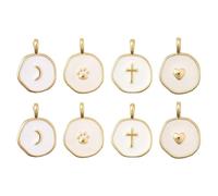 Stiesy 8Pcs 4 Colors Brass Flat Round Enamel Pendants Moon Heart Paw Print Cross Pattern Charms for Bracelets Necklace Earrings Keychains DIY Jewelry Making Crafts