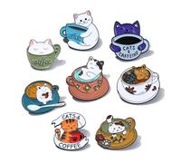 Stiesy 8Pcs Cute Cat Brooch with Coffee Enamel Kawaii Animal Lapel Pins Cartoon Funny Novelty Badges Brooches Pin Set for Crafting Clothes Hat Bags Decoration Jewellery Gift