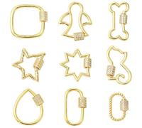 Stiesy Cubic Zirconia Screw Carabiner Lock Charms Clasps Brass Real 18K Gold Plated Keychain Carabiner Clip Micro Pave Clear CZ Stone Jewelry Clasps for Necklace Bracelet Making Craft 9Pcs 9 Shapes