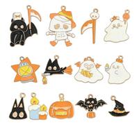 Stiesy Enamel Cute Halloween Charms Ghost Cat Hat Bat Candle Pumpkin Star Shape Alloy Tiny Dangle Charms Pendants for Gothic Jewelry Making DIY Necklace Bracelet Earring Accessories 65Pcs 13 Styles