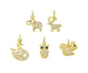 Stiesy Micro Pave Cubic Zirconia Animal Charms Clear & Black CZ Stone Brass Golden Charms Deer Swan Owl Elephant Squirrel Pendants Bulk for Dangle Earring Bracelet Necklace Jewelry Making Craft