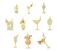 Stiesy Micro Pave Cubic Zirconia Drink Charms 10Pcs, Brass Golden Beverage Pendants Dangle Charms Bulk for Jewelry Making, DIY Party Theme Craft Accessories 10 Styles