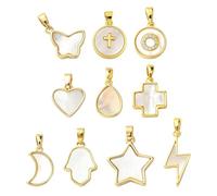 Stiesy Mixed Styles Natural White Shell Charms 18K Gold Plated Cross Teardrop Heart Star Butterfly Charm Brass Micro Pave Cubic Zirconia Pendants Charms for Jewellery Bracelet Necklace Crafts Making