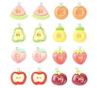 Stiesy Resin Fruit Charms 32Pcs, Imitation Button Pendants with Loop, Apple Strawberry Watermelon Pineapple Pear Peach Shape Charms for Jewelry Making, DIY Craft Supplies and Keychain Making