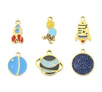 Stiesy Space Theme Enamel Charms 12Pcs 304 Stainless Steel Planet Rocket Pendants IP Gold Plated Tiny Charms Bulk for Astronomy Jewelry Making Sci-Fi Presents