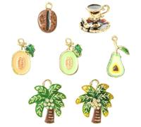 Stiesy Tropical Theme 3D Enamel Charms 7Pcs, 7 Styles Mixed Fruit and Plant Charms Coffee Bean Cup Hami Melon Avocado Coconut Tree Shape Pendants Bulk for Vacation Jewelry and DIY Craft Projects