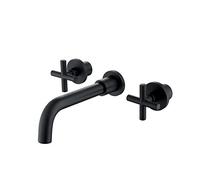 STIGES Double Cross Handle Wall Mount Brass Faucet Widespread Bathroom Basin Sink Mixer Tap, Matte Black