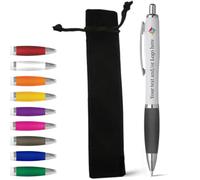 stika.co Black Personalised Pen with Velvet Pouch - Personalised Rubber Ballpoint Pens for School, Work, and Events - UV printed vibrant colors, with large branding space