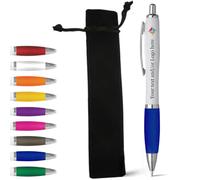 stika.co Blue Personalised Pen with Black Velvet Pouch - Perfect Personalised Gift for School, Work, and Events - Custom Pen printed in full colour with your text and/or logo