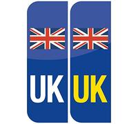 stika.co Pack of 2, Front and Back, UK Flag Union Jack Badge Car Number Plate Vinyl Stickers United Kingdom, Replaces Old GB Version (Blue)