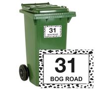 stika.co Pack of 4 Personalised Dalmatian Wheelie bin stickers, House Number and Street Name for Bins and Recycle waste containers, White Self-adhesive Vinyl Stickers (A4 297x210mm, Laminated Vinyl)