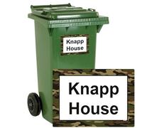 stika.co Pack of 4 Personalised Green Camouflage print Wheelie bin stickers, House Number and Street Name for Bin containers (A6-148 x 105mm, White Vinyl)