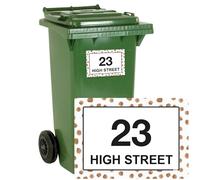 stika.co Pack of 4 Personalised Terracotta Dots Wheelie bin stickers, House Number, Street Name for Bins, Recycle waste containers, White Self-adhesive Stickers (A4-297 x 210mm, Laminated Vinyl)