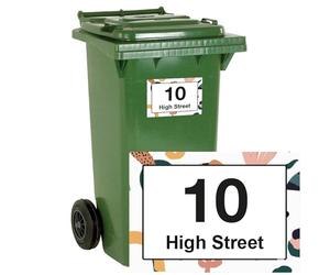 "stika.co Pack of 4 Personalised Tropical, Floral print Wheelie bin stickers, House Number and Street Name for Bin containers (A6 148 x 105mm, White Vinyl)"