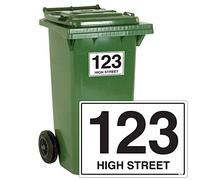 stika.co Pack of 4 Personalised waterproof wheelie bin Number and Road Name stickers - Bin and Recycle waste containers Self-adhesive Vinyl stickers (A6-148x105mm, White Vinyl)