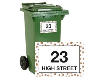 Stika.co Pack of 4 Terracotta Dots Wheelie Bin Stickers with House Number and Street Name, Self-adhesive Labels for Waste Containers, Laminated Vinyl, A4-297 x 210mm
