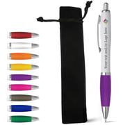 stika.co Purple Promotional Pen with Velvet Pouch - Personalised Rubber Ballpoint Pens for School, Work, and Events - UV printed vibrant colors, with large branding space