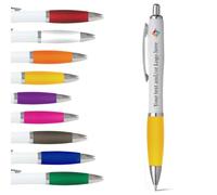 stika.co Set of 20 Yellow Promotional Pens - Personalised Rubber Ballpoint Pens for School, Work, and Events - UV printed vibrant colors, with large branding space