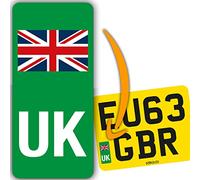 stika.co Set of 4 UK Electric Motorcycle Number Plate Green Stickers - Road-Legal for EU Travel, Waterproof & Durable, Essential for Post-Brexit Compliance (UK Letters & Flag)