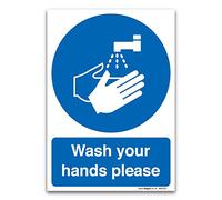 Stika.co Wash Your Hands Please Sign, Mandatory Kitchen and Washroom Safety Sign, BS EN ISO 7010 Compliant, 1mm Rigid PVC Plastic, A5 210x148mm, Landscape