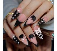 Stiletto Artificial Nail Tips, Black and Dusty Pink, 24-Piece Set | Heart, bow, lattice, bead-like edging and raised spike designs, for coordinated home manicures, everyday outfits and parties