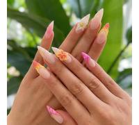 Stiletto Glossy Artificial Nail Tips With Pink Orange Yellow Marbled Design And 3D Floral Embellishments - Long Lasting DIY Manicure Kit For Women Special Occasions Party And Vacation