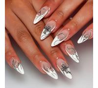 Stiletto Glossy Nude White Rhinestone Nail Tips - Intricate Black Floral Abstract Swirls Art Silver Crystal Details 12 Sizes ABS Press On Manicure Kit for Women, Elegant Salon Style Acrylic Nails