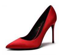 REKALFO Stiletto Heels Satin Women's Pumps Slip On Causal Wedding Party Shoes for Women Dressy Red 6 UK