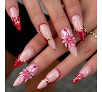 Stiletto Nails with Red Tips & 3D Floral Designs - Semi-Transparent Pink Base & Gold Accents for Elegant Style and Special Occasions, Long Press on Fake Nails with Cherry Blossom & Heart Patterns
