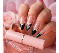 Stiletto Press On Nails, Black French Tips, Nude Pink, 24-Piece Set | Glossy False Nails, Pale Pink Outlines And Bow Motifs, Assorted Sizes, Reusable Design, For Home Use, Outings And Events