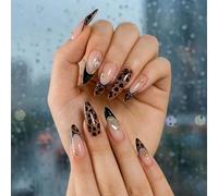 Stiletto Press-On Nails Set 24PCS Glossy False Nails With Nude Pink Black Leopard Print Gold Accents And Gem Designs - Elegant Artificial Tips For Women Fashion Manicure For Parties Events And Daily
