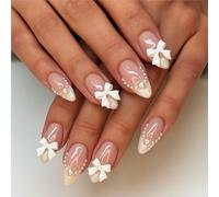 Stiletto Press On Nails with Glossy French Tip & Pearl Bow Accent - Nude Pink Gradient False Nails for Wedding, Party, Elegant Manicure, Medium Length, Glossy Finish, Transparent Design