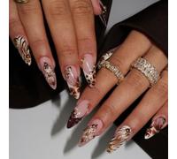 Stiletto Shaped Glossy Press On Nails With Leopard Floral Abstract Design And Gold Beads - Long Nude Beige Brown Artificial Nails For Women Manicure Set Easy Application High Shine Reusable