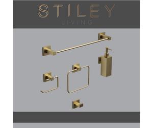 Stiley Living 5-Piece Bathroom Accessories Set, Wall Mounted And Easy To Install (Brass, Square Base)