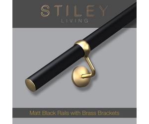 Stiley Living Matt Black Stair Handrail Kit & Brass Brackets - 1.2M X 40mm