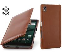 StilGut Book Type with Clip, Genuine Leather Case, Cover for Sony Xperia Z5 & Z5 Dual, Cognac Brown
