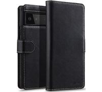 STILGUT Talis Compatible with Google Pixel 6 Case with Leather Card Slot, Flip Cover, Wallet Case, Leather Case with Compartments & Closure - Black Nappa