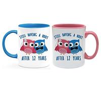 Still Having A Hoot Wedding Anniversary, Valentine’s Day Themed Funny 11oz Coloured Couple Mug Set. (12 Years)