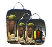 Still-life Bottles Glasses of Red Wine, Cheeses, Grapes, Wood Barrel 3 Piece set Cubes Expandable Adjustable Luggage Packing Bags, Ultralight Organizer Accessories Travel Suitcase Compressible Bags