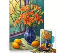 Still Life Floral Orange Lilies with Lemons Adults Puzzles 1000 Piece Jigsaws Mind Exercise Toy Relaxed Mind Design Assembly Santa Wish Gift 38x52cm