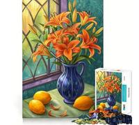 Still Life Floral Orange Lilies with Lemons Adults Puzzles 1000 Piece Jigsaws Reason Skill Toy Slow Enjoy Exact Cut Art Collection Piece 50x75cm