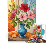 Still Life Floral Red Pink Hibiscus with Oranges Adults Puzzles 1000 Piece Jigsaws Reason Skill Toy Slow Enjoy Exact Cut Art Collection Piece 38x26cm