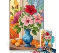 Still Life Floral Red Pink Hibiscus with Oranges Jigsaw Puzzles for Adults 1000 Piece Smart Reason Toy Family Bond Smooth Edge Art Display 50x75cm