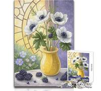 Still Life Floral White Anemones with Blackberries Puzzle for Adults 1000 Pieces Focus Building Educational Activity for Festive Occasions Size 50x75cm