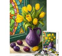 Still Life︰ Tulips, Plums, Stained Glass Jigsaw Puzzles 1000 Pieces for Teenagers Boost Memory And Cognitive Function Calm Peaceful Leisure Activity (50X75cm)