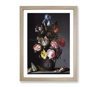 Still Life With Flowers And Shells Vol.1 By Balthasar Van Der Ast Classic Painting Framed Wall Art Print, Ready to Hang Picture for Living Room Bedroom Home Office Décor, Oak A4 (34 x 25 cm)