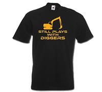 Still Plays with Diggers, Digger Driver, Digging, Building site Vehicle, Transport, Funny Mens Womens Unisex T-Shirt, Black, M