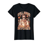 Still Sober Bitches Fall Messy Bun Drinking Coffee Skeleton Value Graphic T-Shirt, Women, Black, L
