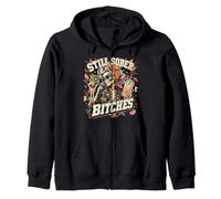 Still Sober Bitches Messy Bun Drinking Coffee Skeleton Zip Hoodie